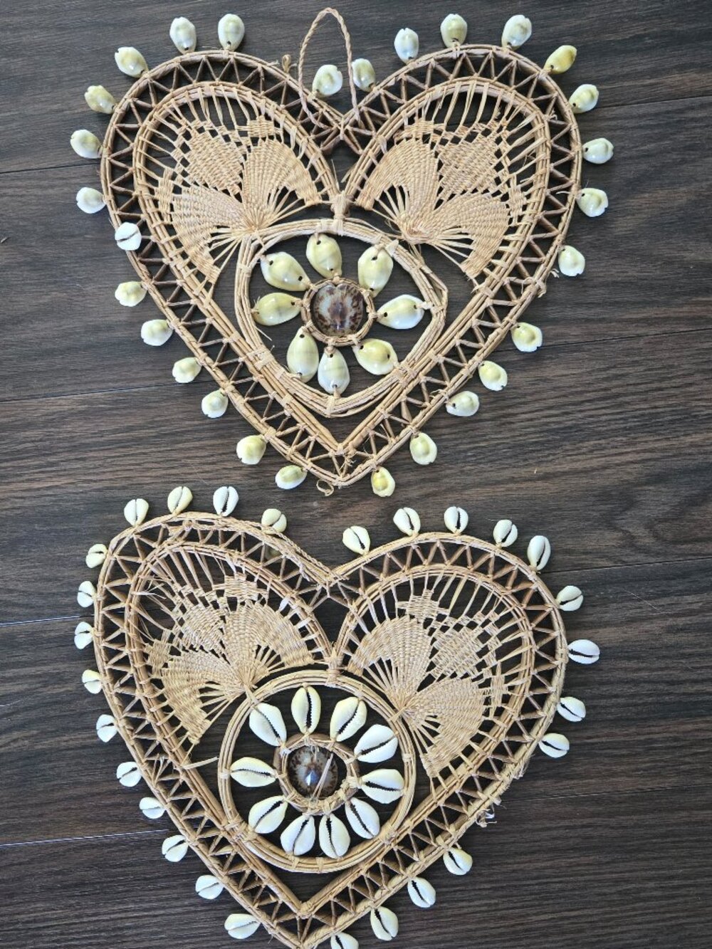 Boho Coastal Seaside Themed Hanging Artwork Featuring Shells & Rattan (Set of 2)